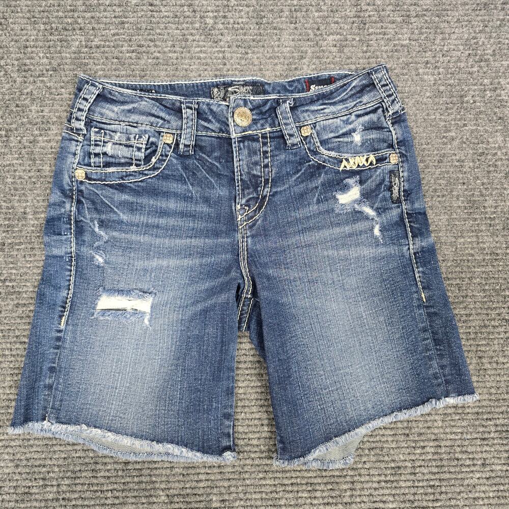 Silver Jeans Co Boyfriend Mid Rise Shorts Women 26 Blue Distressed Bermuda